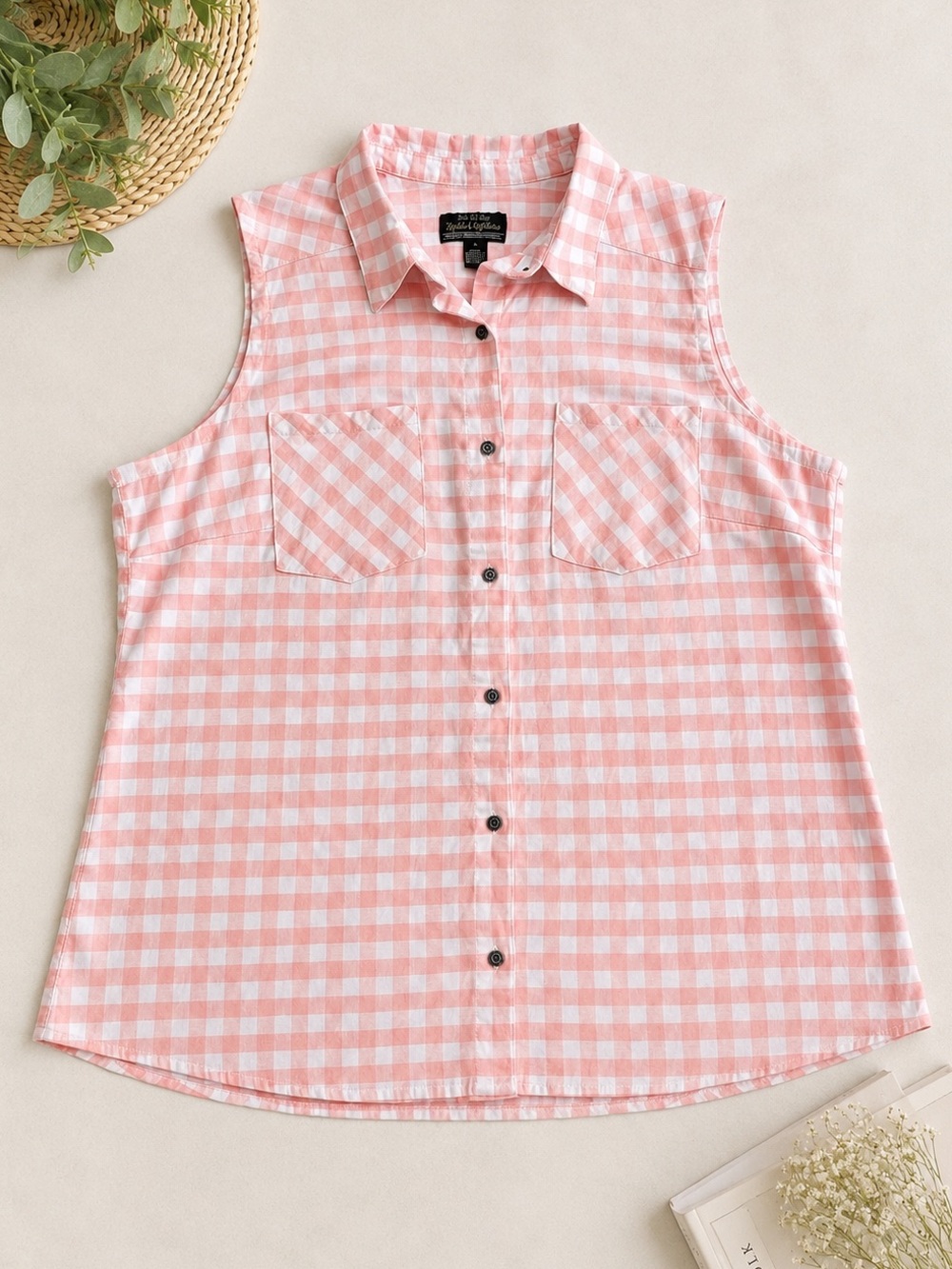 Noble Outfitters Pink Gingham Sleeveless Button Front Shirt XL